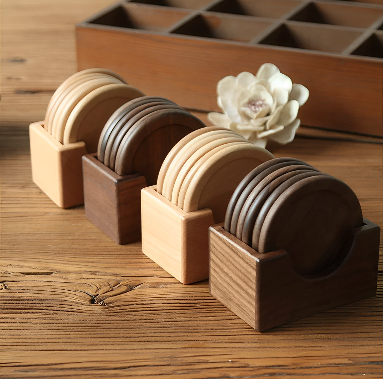 Pure Houtcollectie – Luxe Houten Onderzetters in Licht & Donkerhout